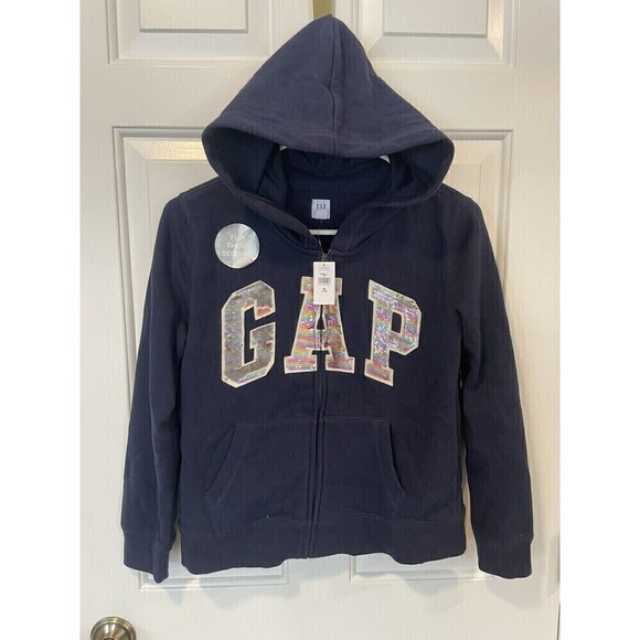 GAP Zip Up Hooded Sweatshirt Navy Blue Sparkle Sequin Logo Girls Nwt Size 12 XL - Picture 1 of 10